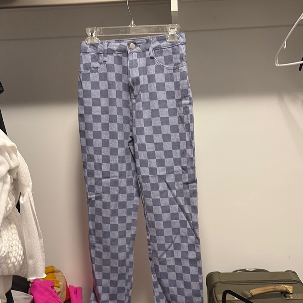 Blue Checkered Jean Pants